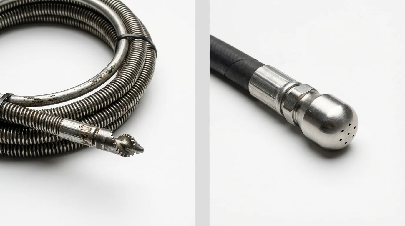 Drain snake cable and hydro jetting nozzle used for drain cleaning in Phoenix, NY