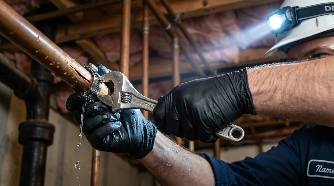 Emergency pipe clamp repair being performed by a Johns Plumbing LLC plumber in Phoenix