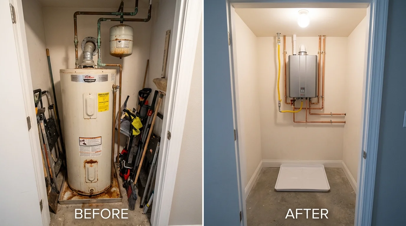 Tank water heater versus wall-mounted tankless unit comparison for Phoenix, NY homeowners