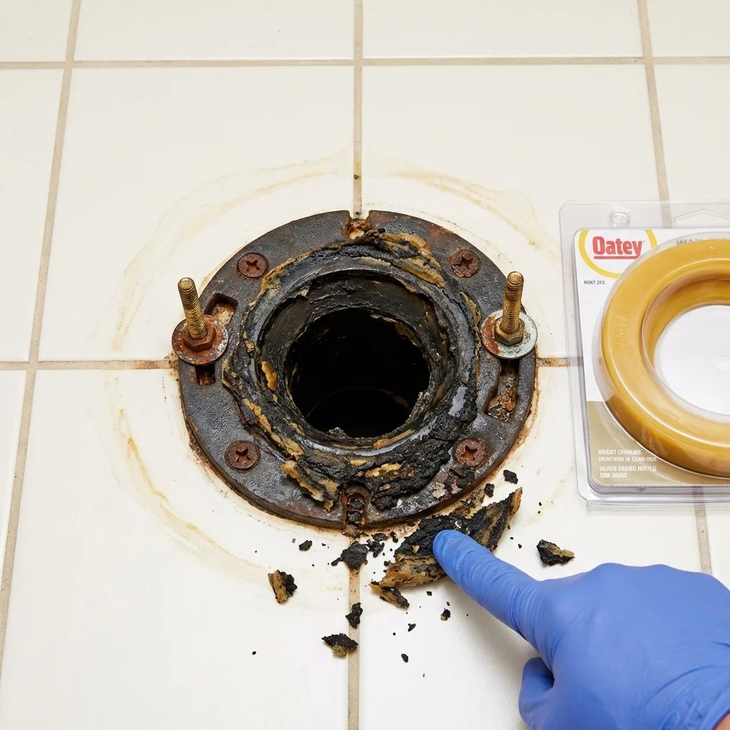 Failed wax ring showing water seepage at the base of a toilet in a Phoenix, NY home